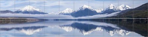 Ceramic tile mural with snow-capped mountains and reflection of Lake McDonald